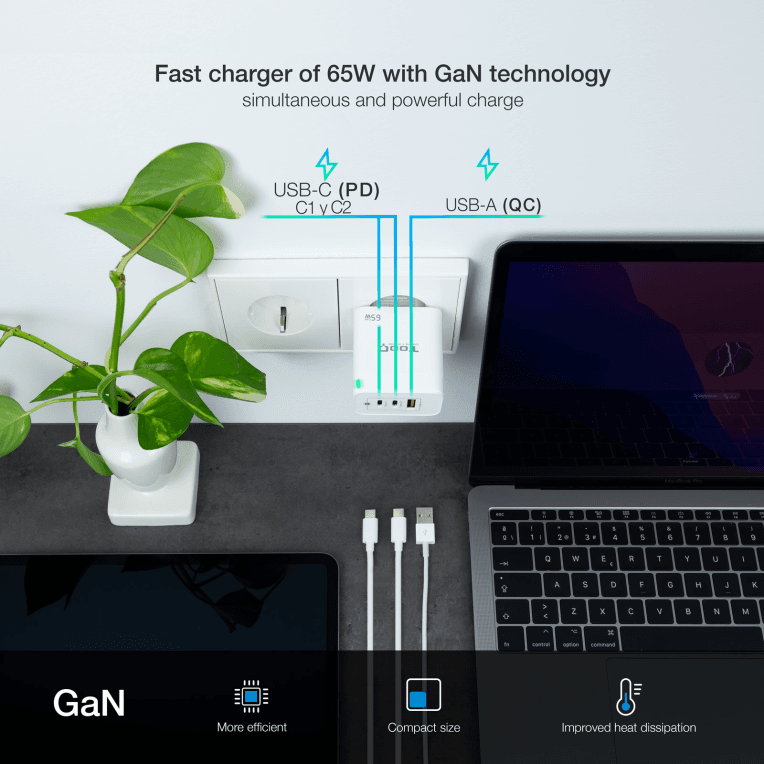 Cargador Tooq GAN 2USB-C PD USB-A QC 65W miniatura 5