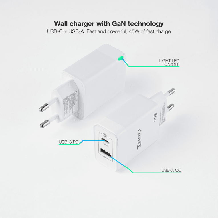 Cargador Tooq GAN USB-C PD USB-A QC 45W miniatura 3