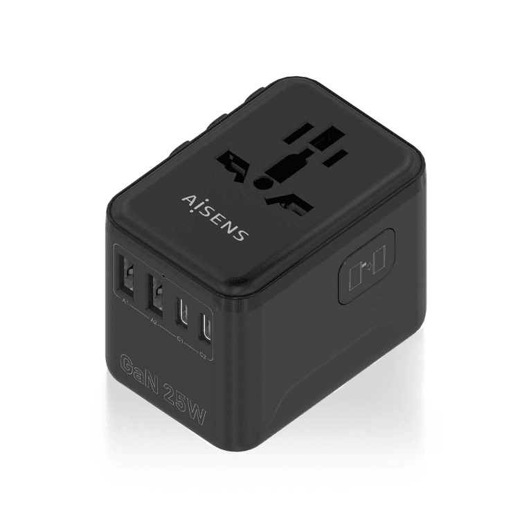 Adaptador Aisens Enchufe Universal Viaje Cargador USB GaN 25W Negro — imagen 1