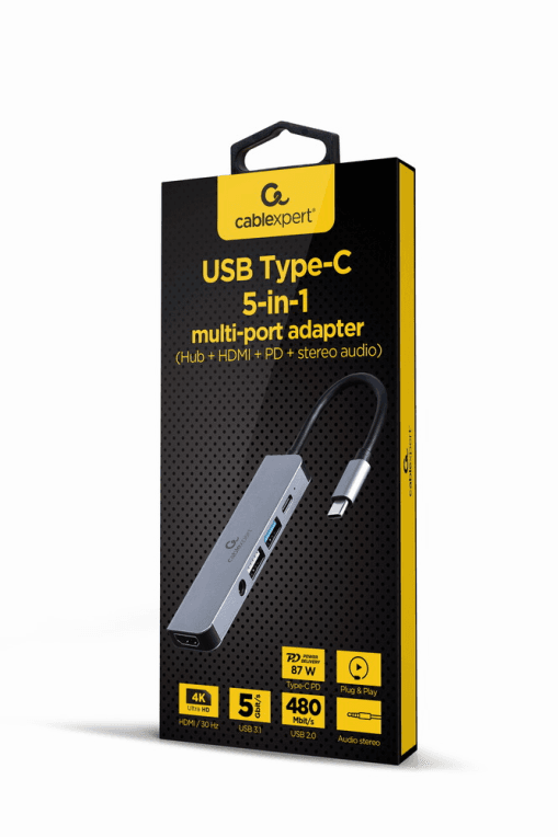 Adaptador Gembird Multipuerto USB Tipo-C 5 en 1 Hub con HDMI, PD y Audio Estéreo — imagen 1