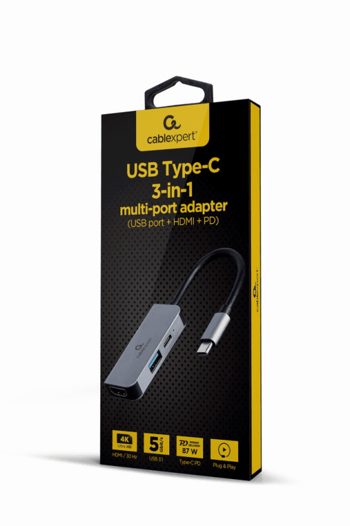 ADAPTADOR MULTIPUERTO USB TIPO C 3 EN 1 PUERTO USB HDMI PD PLATA — imagen 1