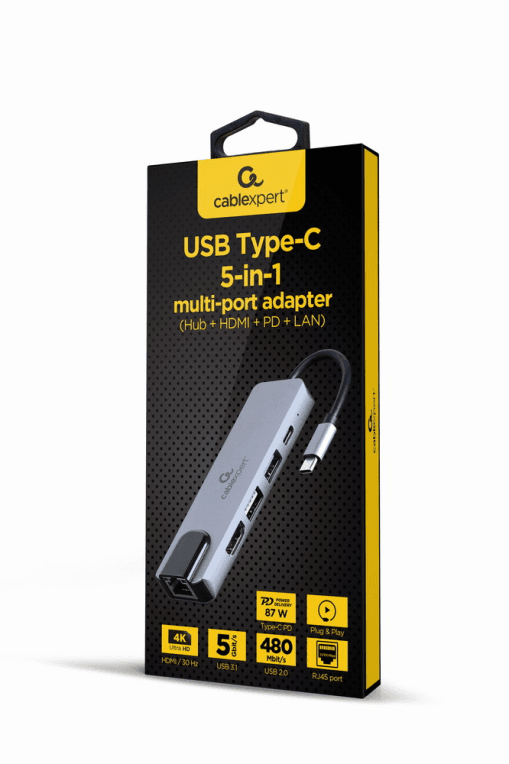 ADAPTADOR MULTIPUERTO USB TIPO C 5 EN 1 HUB HDMI PD LAN — imagen 1