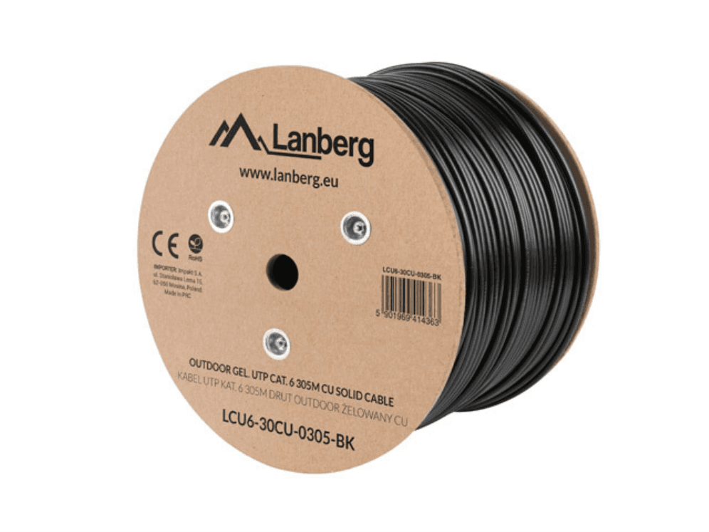BOBINA CABLE RED LANBERG EXTERIOR UTP RJ45 CAT.6 GEL-FILLED CU AWG24 305M NEGRO — imagen 1