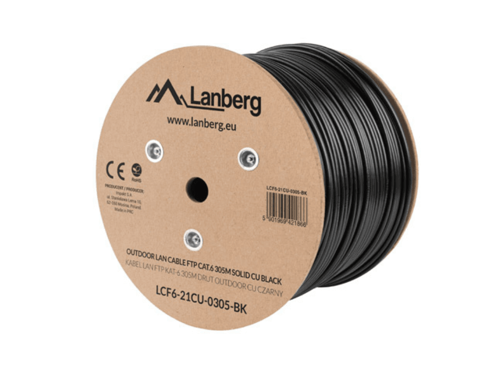 BOBINA CAT.6 LANBERG OUTDOOR FTP RJ45 SOLIDO COBRE FLUKE TESTED AWG24 305M NEGRO — imagen 1