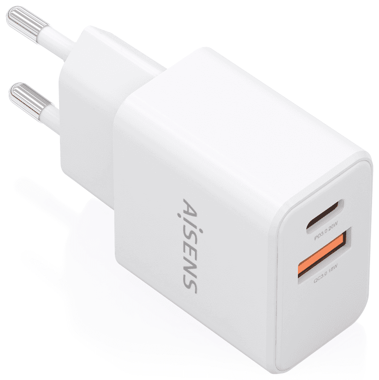 CARGADOR AISENS GaN 20W 1xUSB-C PD3.0 1xUSB-A QC3.0 BLANCO — imagen 1