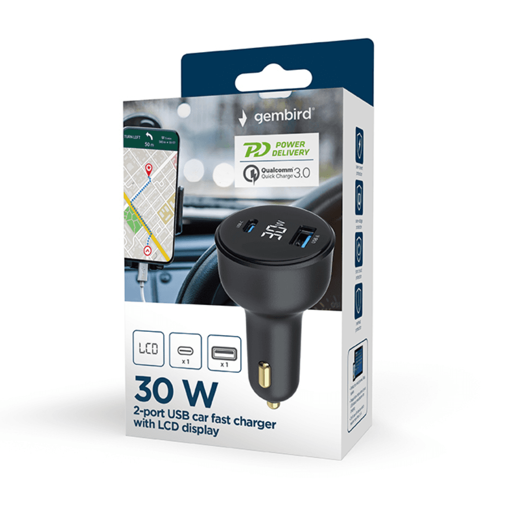 Cargador Gembird Coche 2 Puertos USB Tipo C PD LCD 30W Negro — imagen 1