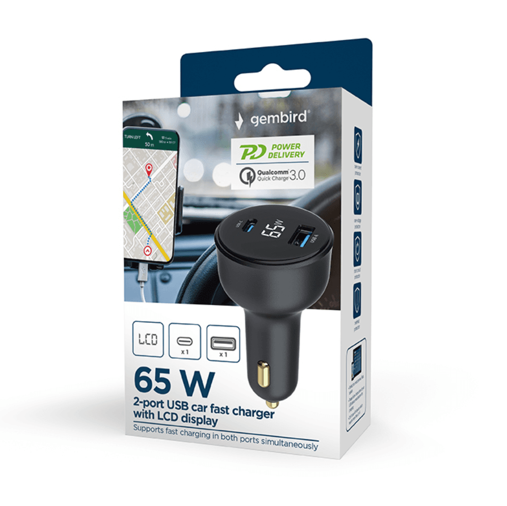Cargador Gembird Coche 2 Puertos USB Tipo C PD LCD 65W Negro — imagen 1