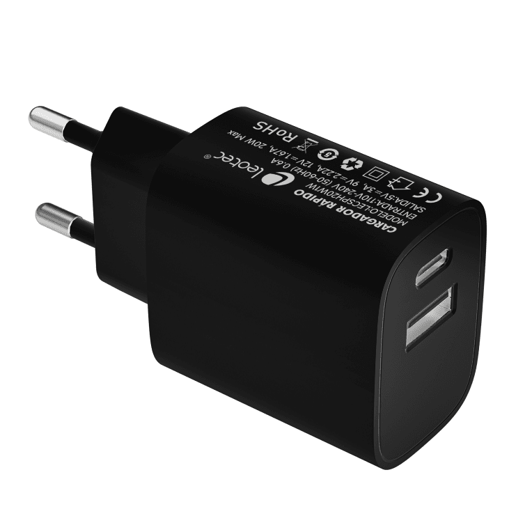 Cargador Leotec 20W Carga Rápida 1 USB Tipo-C PD 1 USB-A Negro — imagen 1
