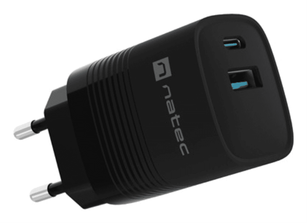 Cargador Natec Ribera Gan30W PD3.0 QC3.0 1xUSB-A + 1xUSB-C Negro — imagen 1