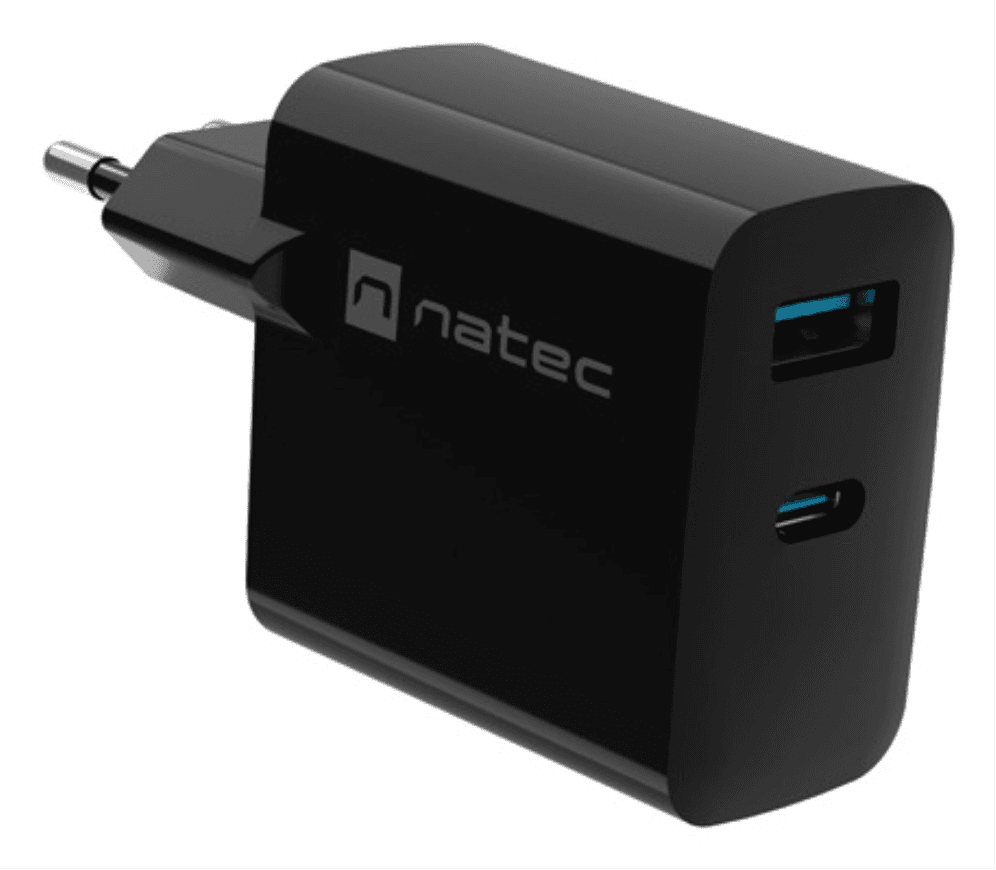 Cargador Natec Ribera Gan45W PD3.0 QC3.0 1xUSB-A + 1xUSB-C Negro — imagen 1