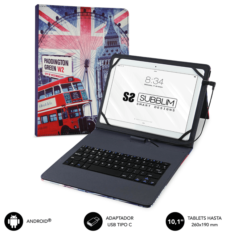FUNDA TABLET SUBBLIM KEYTAB USB 10,1" ENGLAND — imagen 1