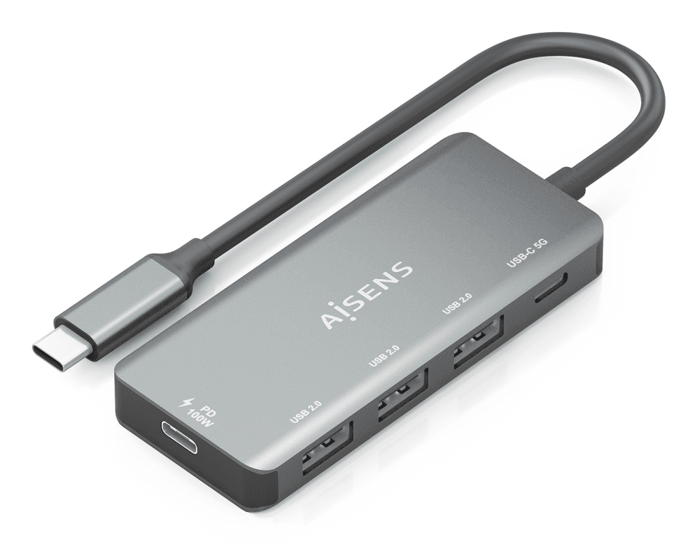 HUB AISENS USB 3.1 USB-C 1XPD 100W 1XUSB-C 3.0 3XUSB-A 2.0 GRIS 15CM — imagen 1