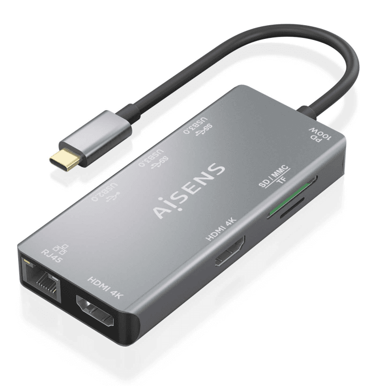 HUB AISENS USB-C DOCK 9 EN 1 USB-C 2XHDMI RJ45 2XUSB-A 3.0 USB-A 2.0 PD — imagen 1