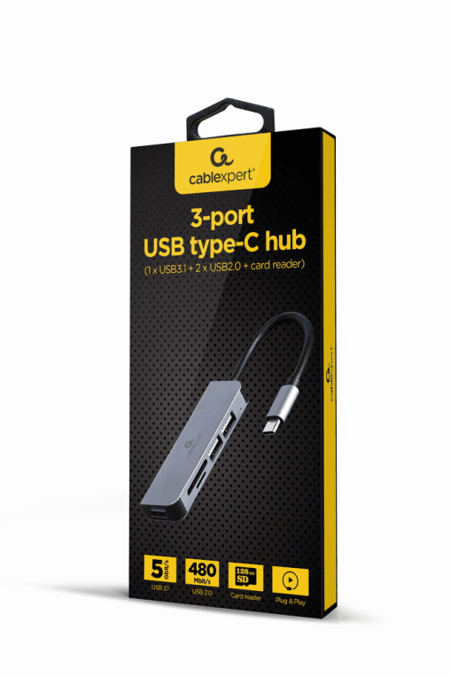 Hub Gembird USB Tipo-C de 3 Puertos USB 3.1 y 2.0 con Lector de Tarjetas — imagen 1