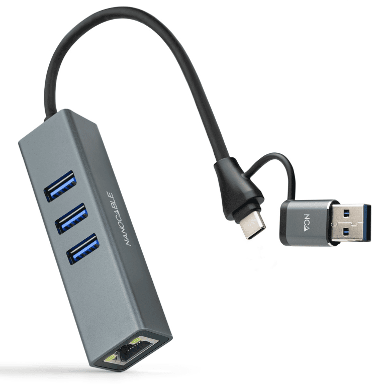 HUB NANOCABLE 10.03.0412 USB-C+USB-A 3.0 ETHERNET 3XUSB-A 3.0 GRIS — imagen 1