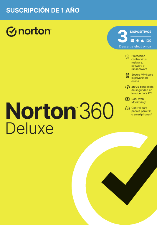 NORTON 360 DELUXE 25GB ES 1 USER 3 DEVICE 12MO GENERIC1 RSP MM GUM — imagen 1