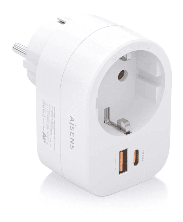 Regleta Pared Aisens 1 Toma USB-C 20W PD USB-A 20W QC Blanco — imagen 1