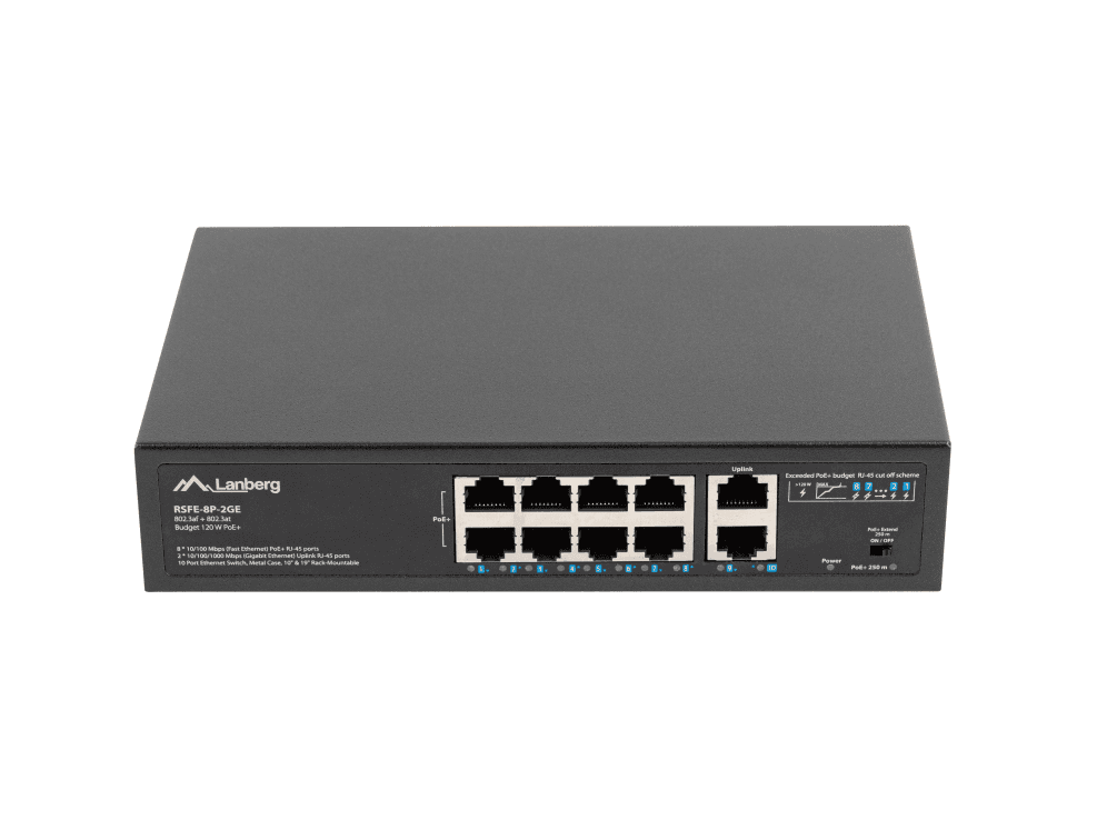 Switch Lanberg 10 Portos 100MB 8xPoE+ 2x Gigabit 120W Rack — imagen 1